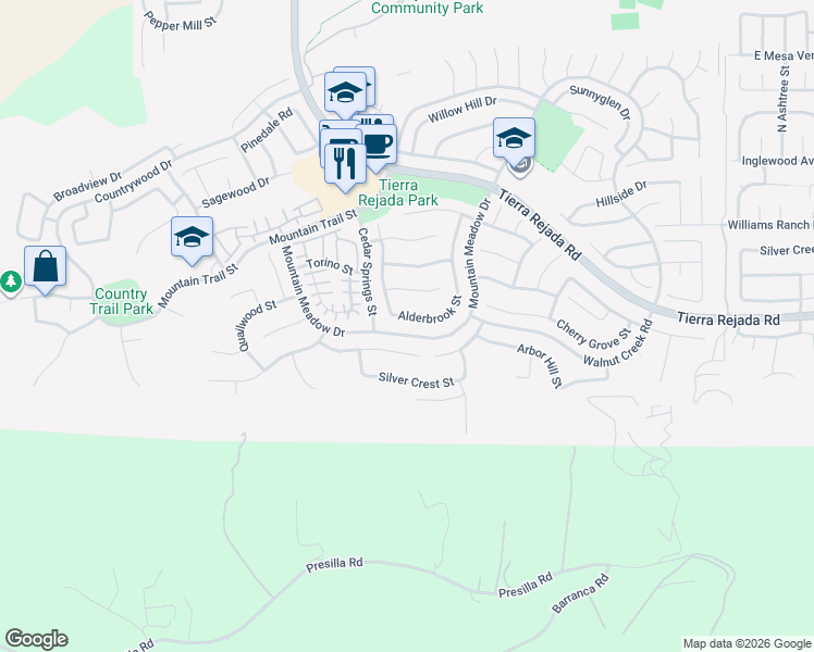 map of restaurants, bars, coffee shops, grocery stores, and more near 11942 Alderbrook Street in Moorpark