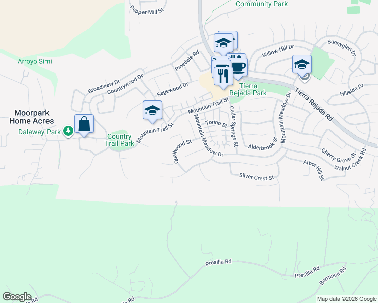 map of restaurants, bars, coffee shops, grocery stores, and more near 11657 Blossomwood Court in Moorpark