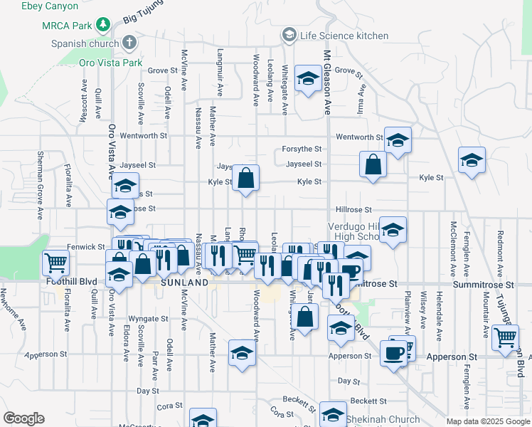 map of restaurants, bars, coffee shops, grocery stores, and more near 7948 Hillrose Street in Los Angeles