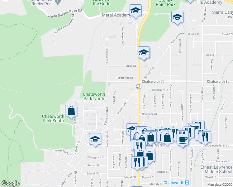 map of restaurants, bars, coffee shops, grocery stores, and more near 10624 Nevada Avenue in Los Angeles