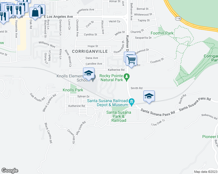map of restaurants, bars, coffee shops, grocery stores, and more near 6480 Katherine Road in Simi Valley