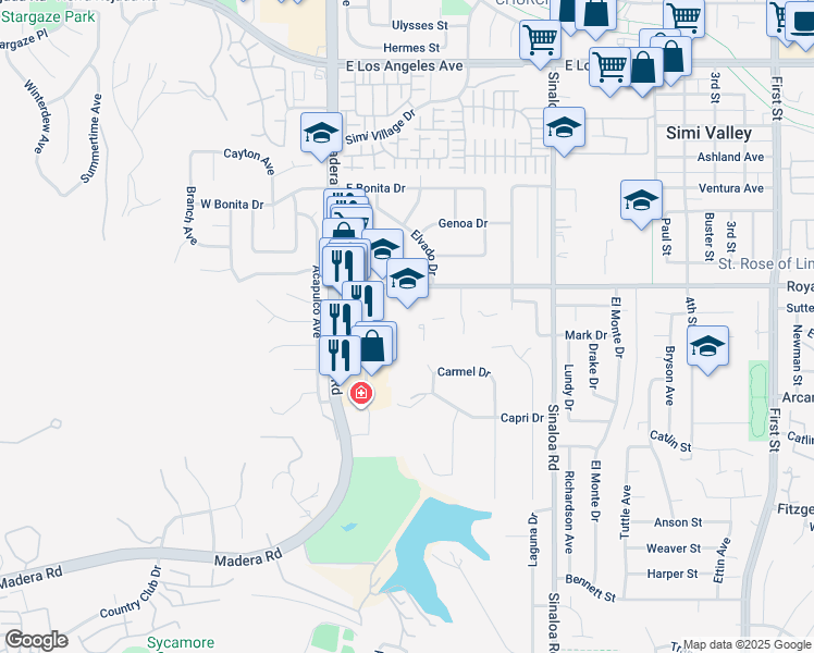 map of restaurants, bars, coffee shops, grocery stores, and more near 250 Royal Avenue in Simi Valley