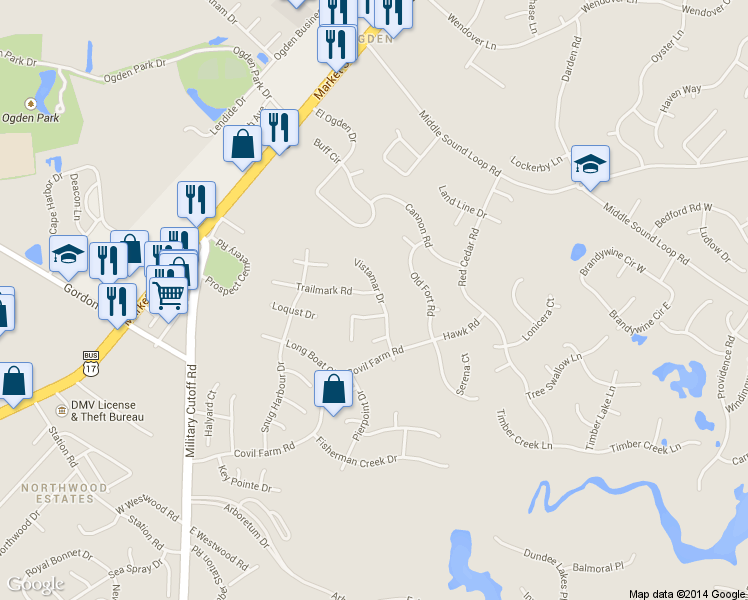 map of restaurants, bars, coffee shops, grocery stores, and more near 7212 Trailmark Road in Wilmington