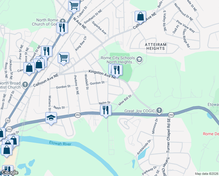map of restaurants, bars, coffee shops, grocery stores, and more near 214 Church Street Northeast in Rome
