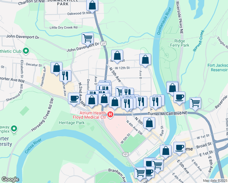 map of restaurants, bars, coffee shops, grocery stores, and more near 315 West 10th Street Northeast in Rome