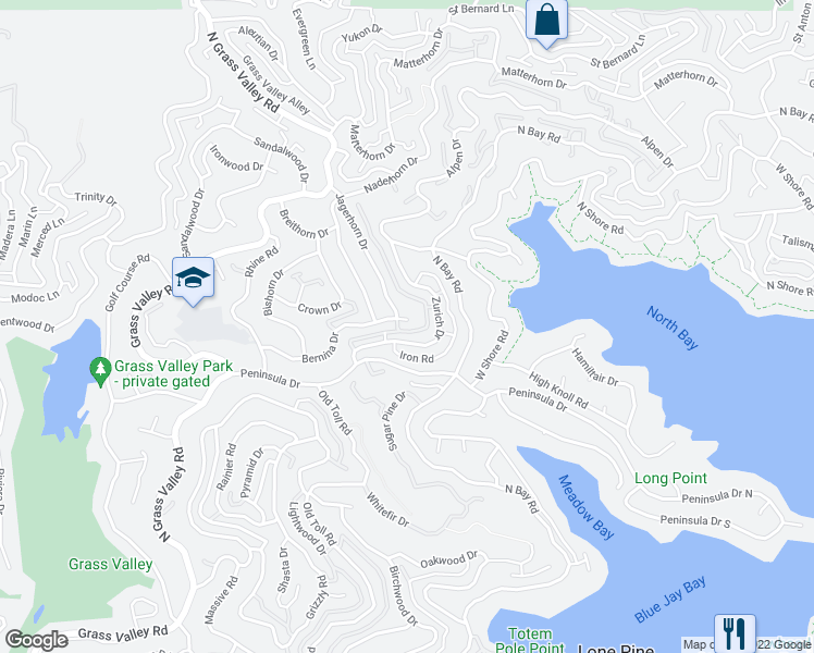 map of restaurants, bars, coffee shops, grocery stores, and more near 27409 Bernina Drive in Lake Arrowhead
