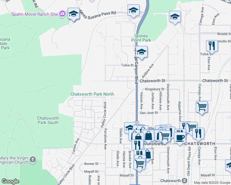 map of restaurants, bars, coffee shops, grocery stores, and more near 10624 Nevada Avenue in Los Angeles