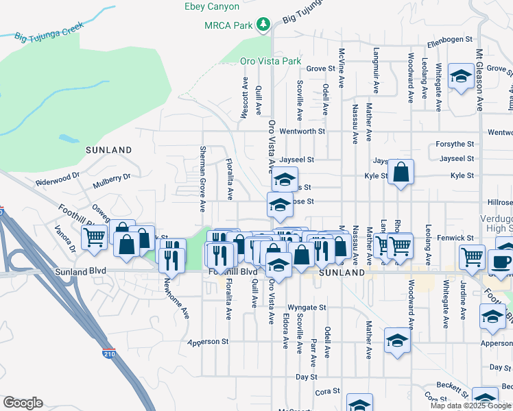 map of restaurants, bars, coffee shops, grocery stores, and more near 8426 Hillrose Street in Los Angeles