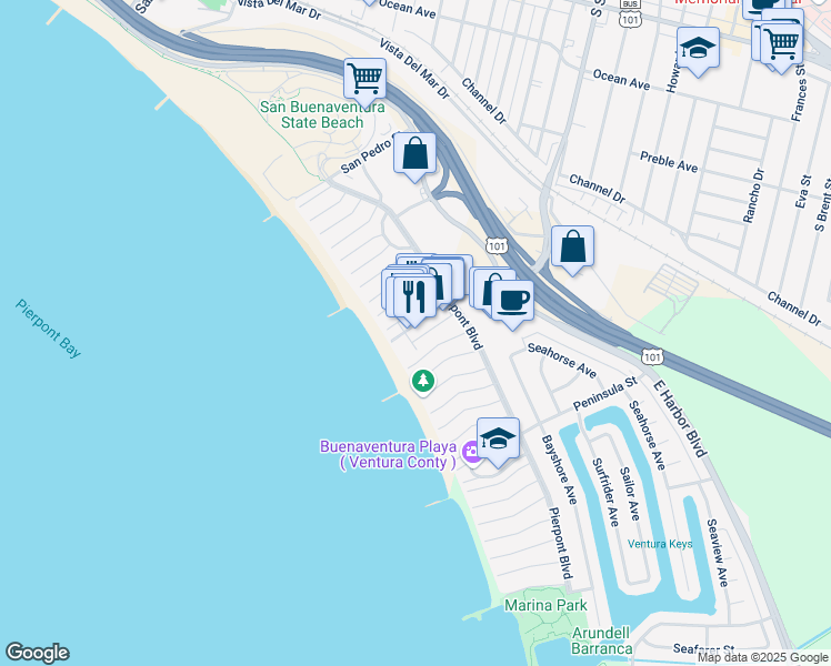 map of restaurants, bars, coffee shops, grocery stores, and more near 1175 South Seaward Avenue in Ventura