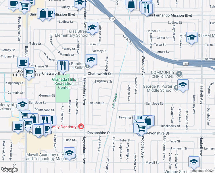 map of restaurants, bars, coffee shops, grocery stores, and more near 16427 Clymer Street in Los Angeles
