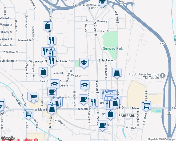 map of restaurants, bars, coffee shops, grocery stores, and more near 445 North Church Street in Tupelo