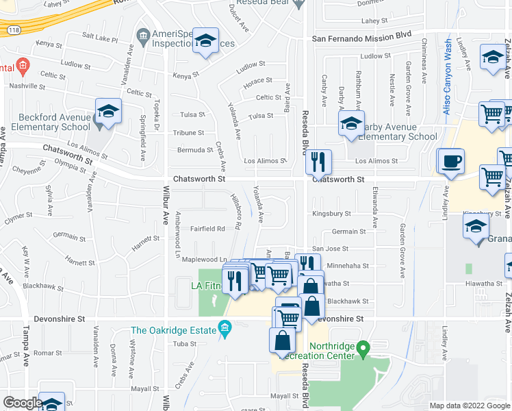 map of restaurants, bars, coffee shops, grocery stores, and more near 10609 Yolanda Avenue in Los Angeles
