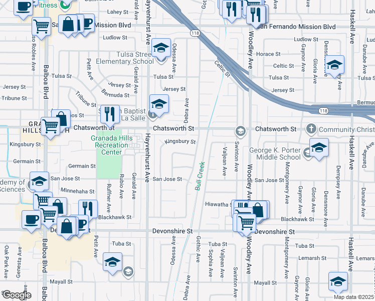 map of restaurants, bars, coffee shops, grocery stores, and more near 16427 Clymer Street in Los Angeles