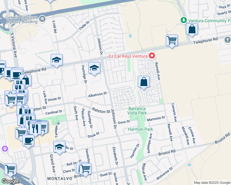 map of restaurants, bars, coffee shops, grocery stores, and more near 1512 Tern Court in Ventura
