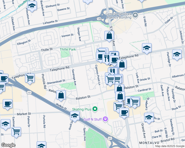 map of restaurants, bars, coffee shops, grocery stores, and more near 1241 Cypress Point Lane in Ventura
