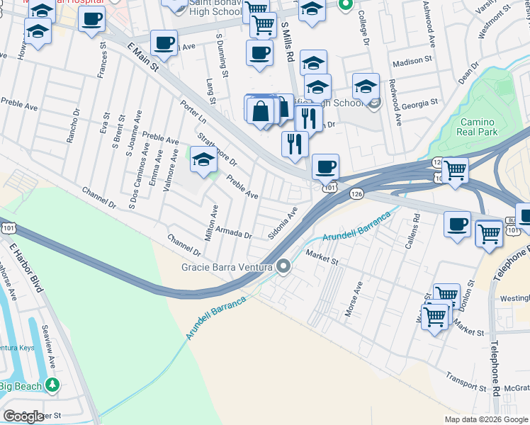 map of restaurants, bars, coffee shops, grocery stores, and more near 3389 Rexford Street in Ventura