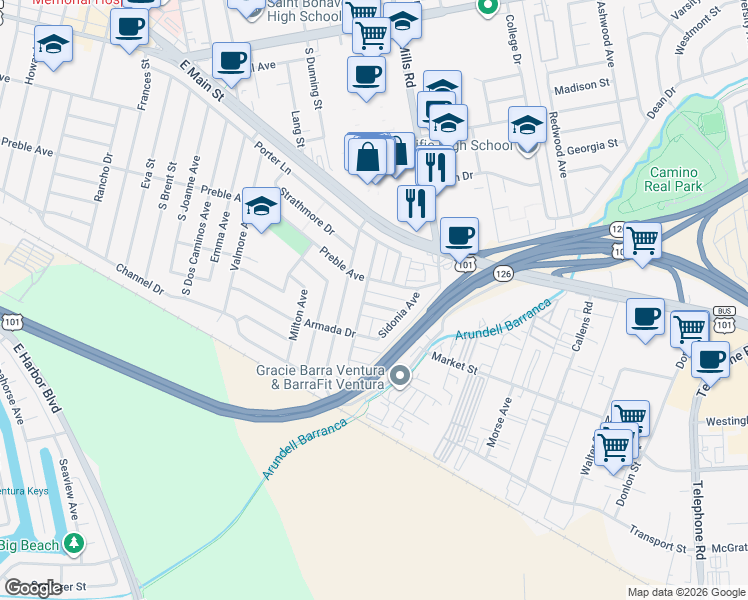 map of restaurants, bars, coffee shops, grocery stores, and more near 3389 Rexford Street in Ventura