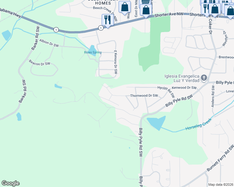 map of restaurants, bars, coffee shops, grocery stores, and more near 109 Thornwood Drive Southwest in Rome
