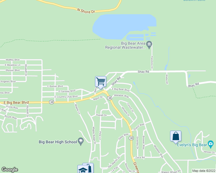 map of restaurants, bars, coffee shops, grocery stores, and more near 1305 Shay Road in Big Bear