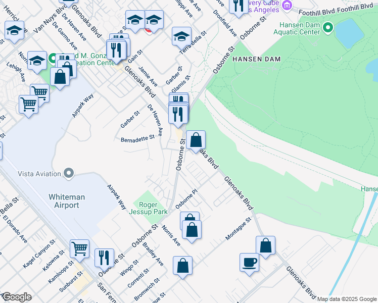 map of restaurants, bars, coffee shops, grocery stores, and more near 12330 Osborne Street in Los Angeles