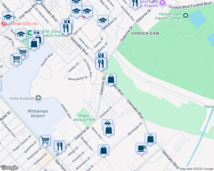 map of restaurants, bars, coffee shops, grocery stores, and more near 12330 Osborne Street in Los Angeles
