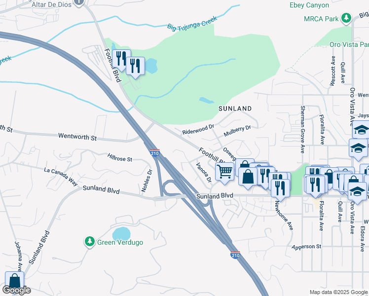 map of restaurants, bars, coffee shops, grocery stores, and more near 10726 Plateau Drive in Los Angeles