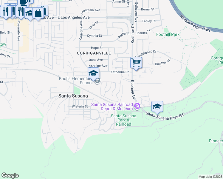 map of restaurants, bars, coffee shops, grocery stores, and more near in Santa Susana
