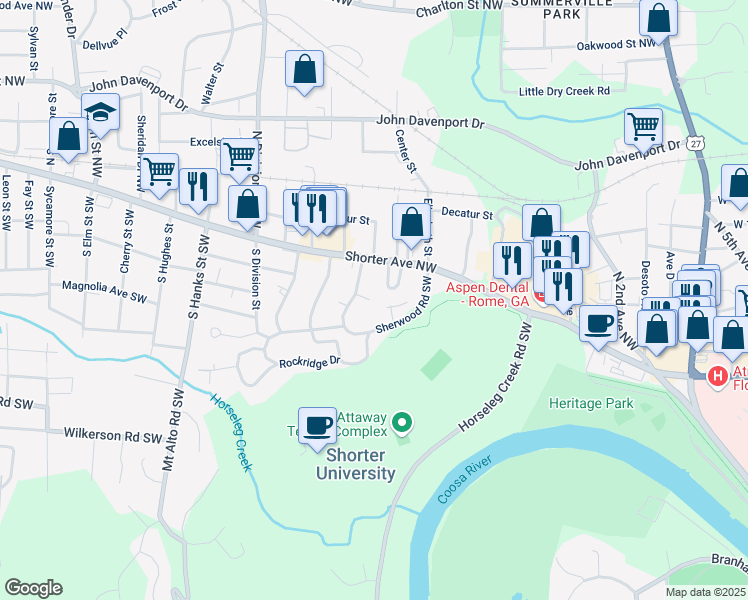 map of restaurants, bars, coffee shops, grocery stores, and more near 2 Pinewood Terrace Southwest in Rome