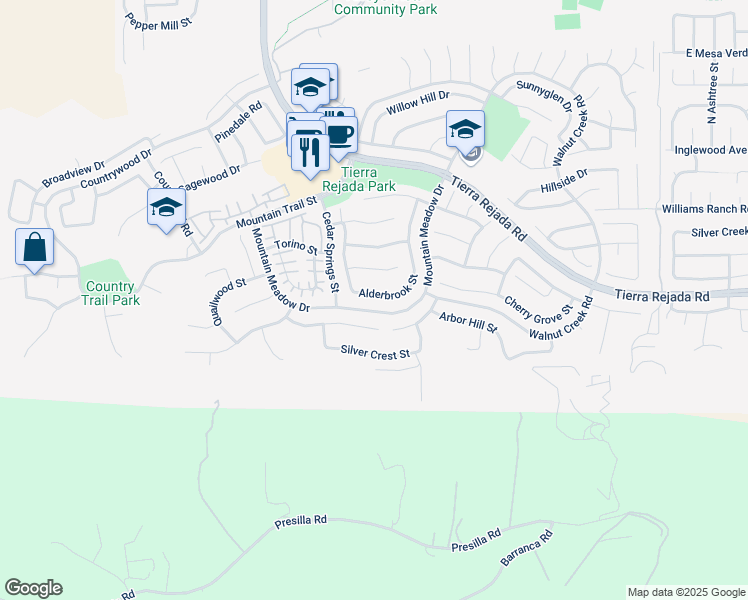 map of restaurants, bars, coffee shops, grocery stores, and more near 11958 Alderbrook Street in Moorpark