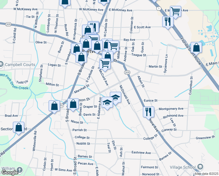 map of restaurants, bars, coffee shops, grocery stores, and more near 402 East McCord Avenue in Albertville