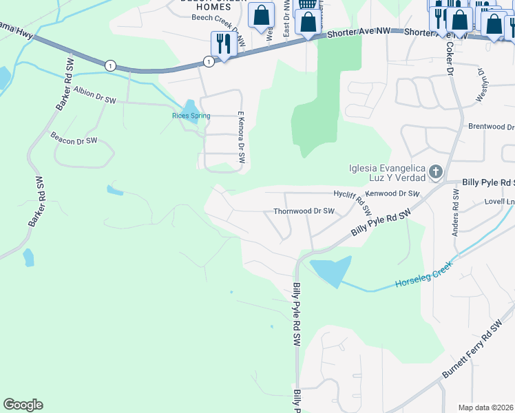 map of restaurants, bars, coffee shops, grocery stores, and more near 109 Thornwood Drive Southwest in Rome