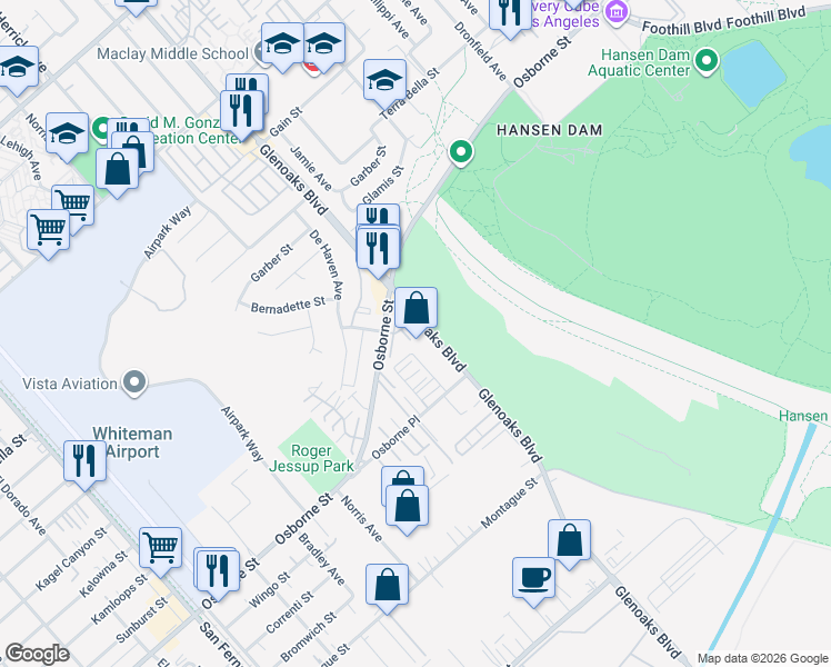 map of restaurants, bars, coffee shops, grocery stores, and more near 12330 Osborne Street in Los Angeles