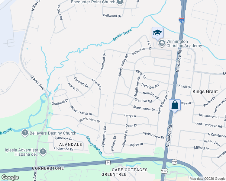 map of restaurants, bars, coffee shops, grocery stores, and more near 4401-4499 Bramton Road in Wilmington