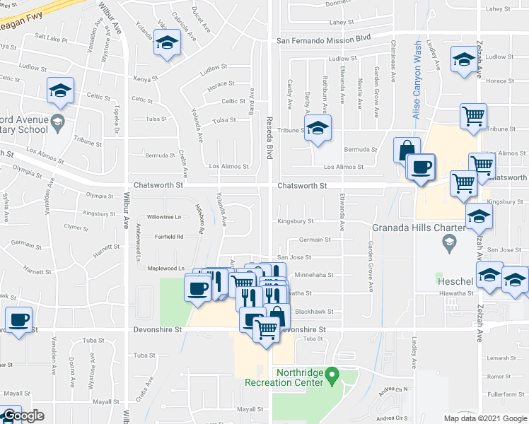 map of restaurants, bars, coffee shops, grocery stores, and more near 10609 Reseda Boulevard in Los Angeles