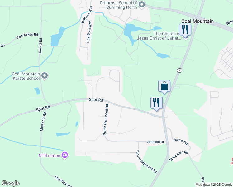 map of restaurants, bars, coffee shops, grocery stores, and more near 3480 Buffington Lane in Cumming