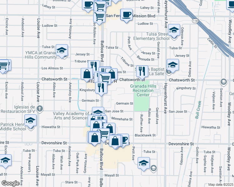 map of restaurants, bars, coffee shops, grocery stores, and more near 16866 Kingsbury Street in Los Angeles