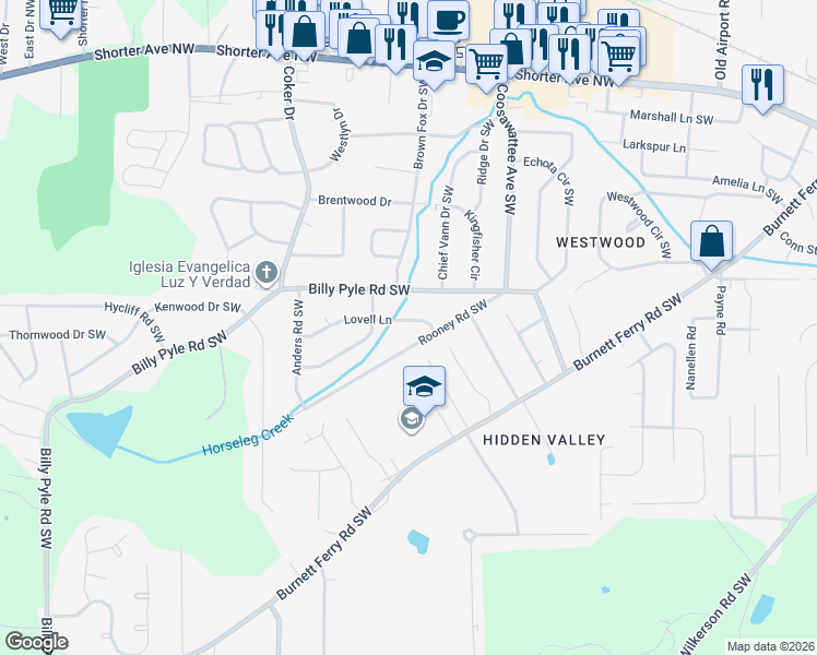 map of restaurants, bars, coffee shops, grocery stores, and more near 9 Meadow Lane Southwest in Rome