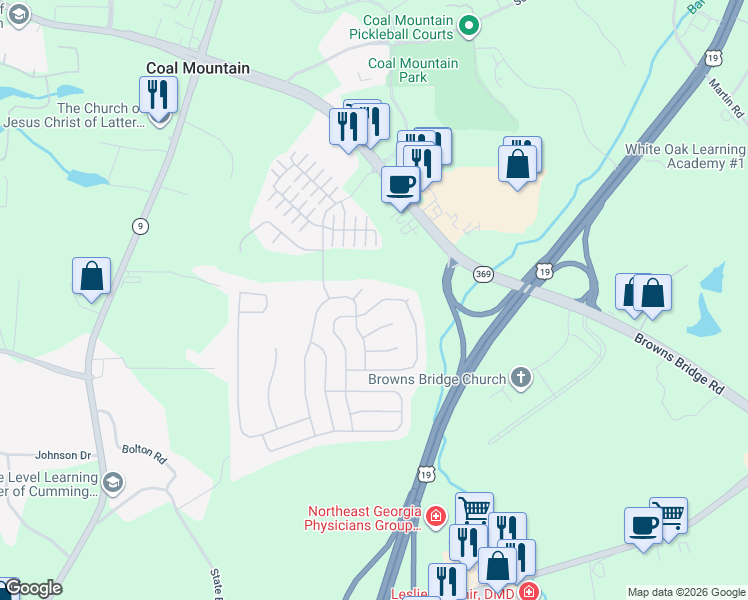 map of restaurants, bars, coffee shops, grocery stores, and more near 5370 Rialto Way in Cumming