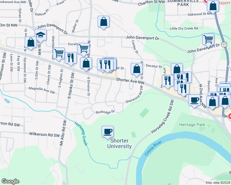 map of restaurants, bars, coffee shops, grocery stores, and more near 207 Sherwood Rd SW in Rome