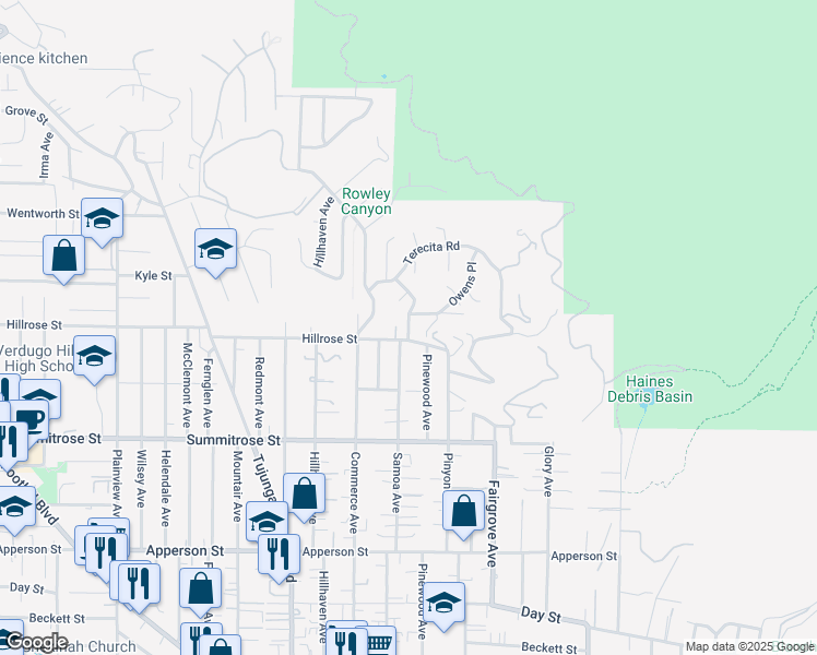 map of restaurants, bars, coffee shops, grocery stores, and more near 7141 Hillrose Street in Los Angeles