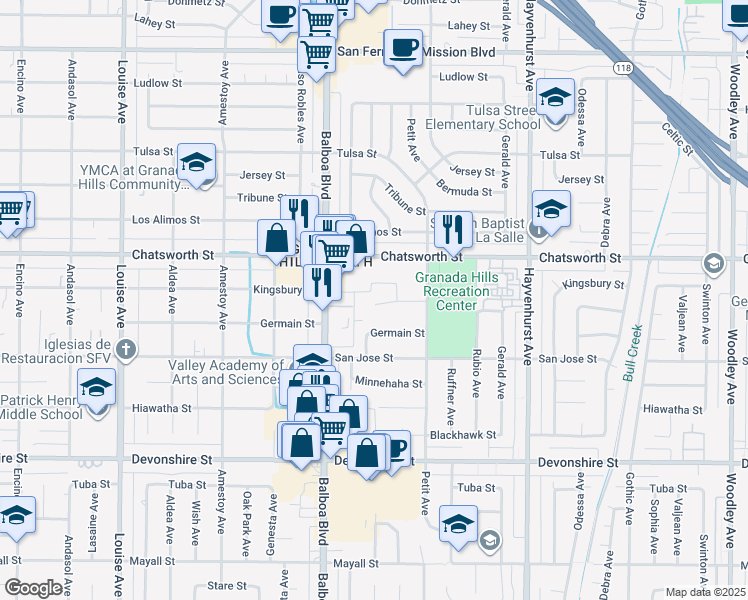 map of restaurants, bars, coffee shops, grocery stores, and more near 16866 Kingsbury Street in Los Angeles
