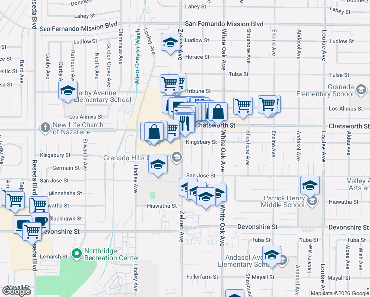 map of restaurants, bars, coffee shops, grocery stores, and more near 10620 Balcom Avenue in Los Angeles