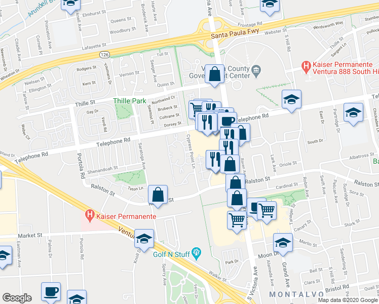 map of restaurants, bars, coffee shops, grocery stores, and more near 1241 Cypress Point Lane in Ventura