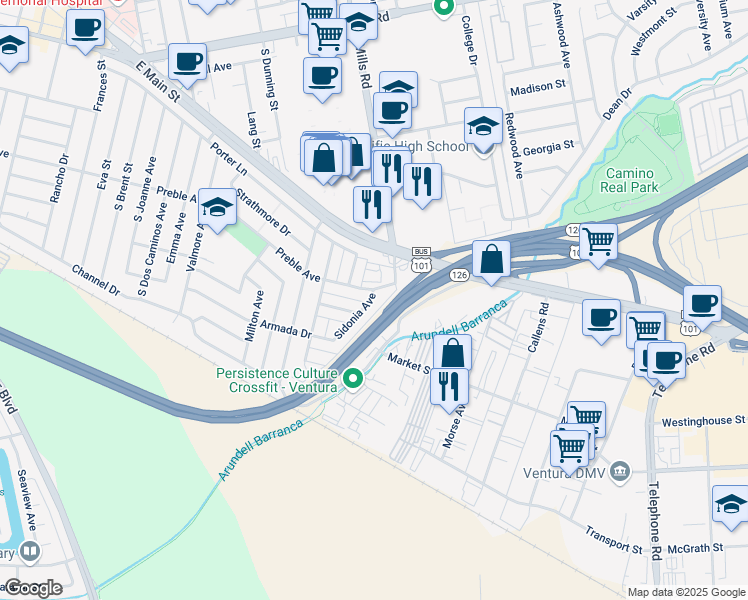 map of restaurants, bars, coffee shops, grocery stores, and more near in Ventura