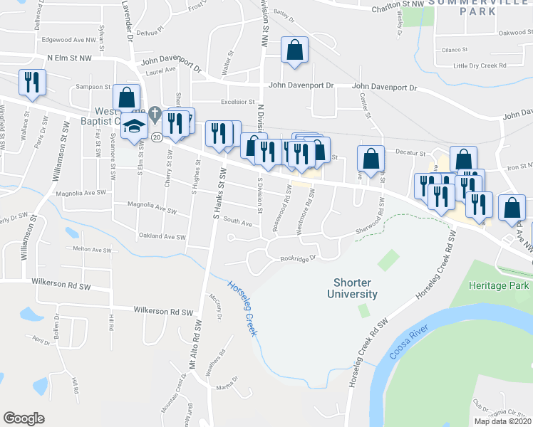map of restaurants, bars, coffee shops, grocery stores, and more near 18 Rosewood Road Southwest in Rome