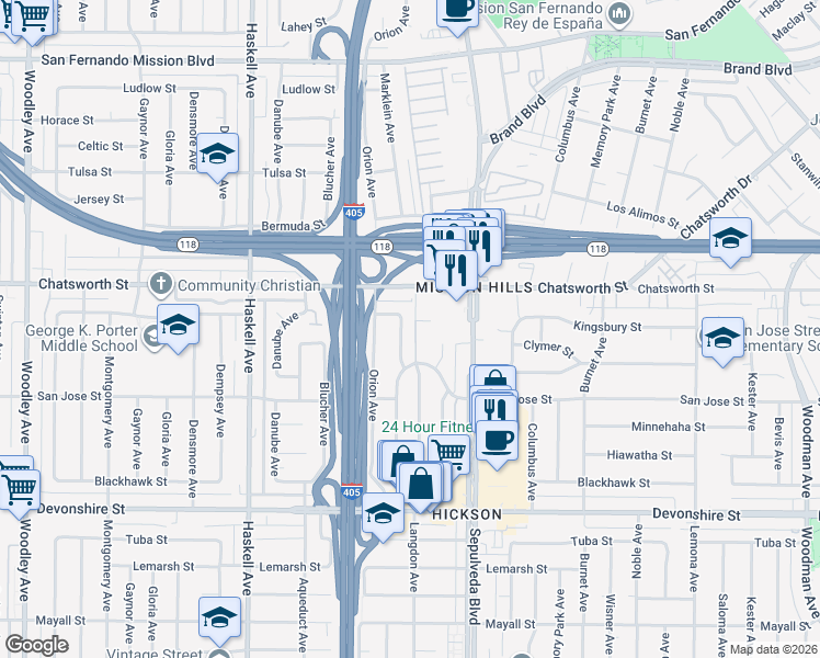 map of restaurants, bars, coffee shops, grocery stores, and more near 10608 Marklein Avenue in Los Angeles