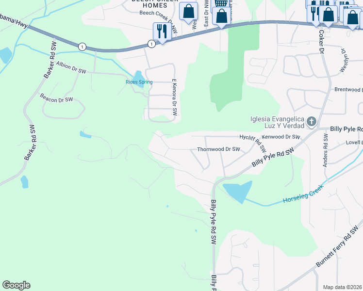 map of restaurants, bars, coffee shops, grocery stores, and more near 109 Thornwood Drive Southwest in Rome