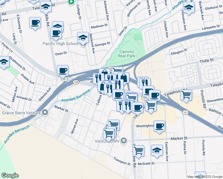 map of restaurants, bars, coffee shops, grocery stores, and more near 4048 East Main Street in Ventura