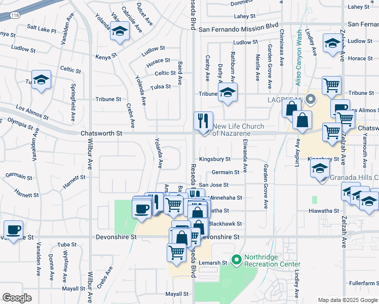 map of restaurants, bars, coffee shops, grocery stores, and more near 10609 Reseda Boulevard in Los Angeles