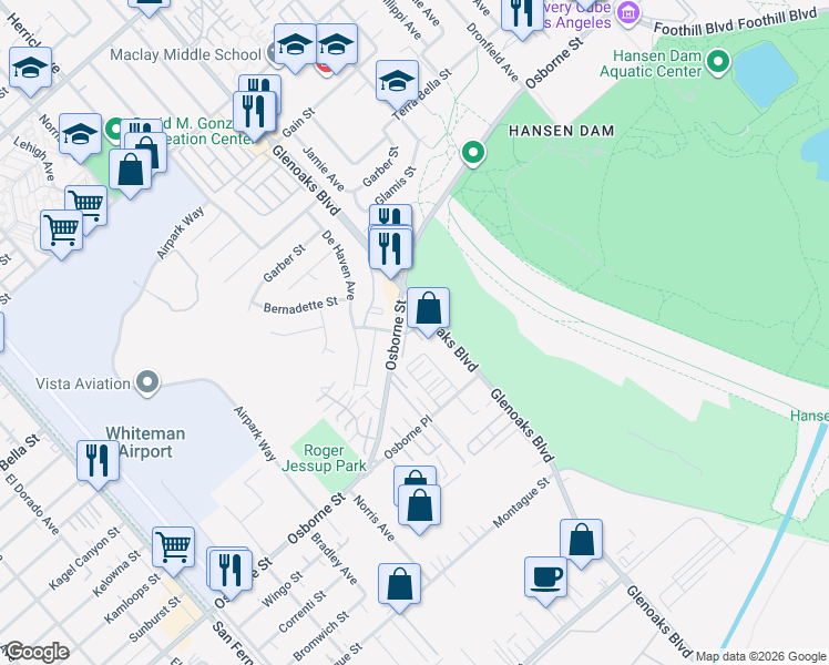 map of restaurants, bars, coffee shops, grocery stores, and more near 12330 Osborne Street in Los Angeles